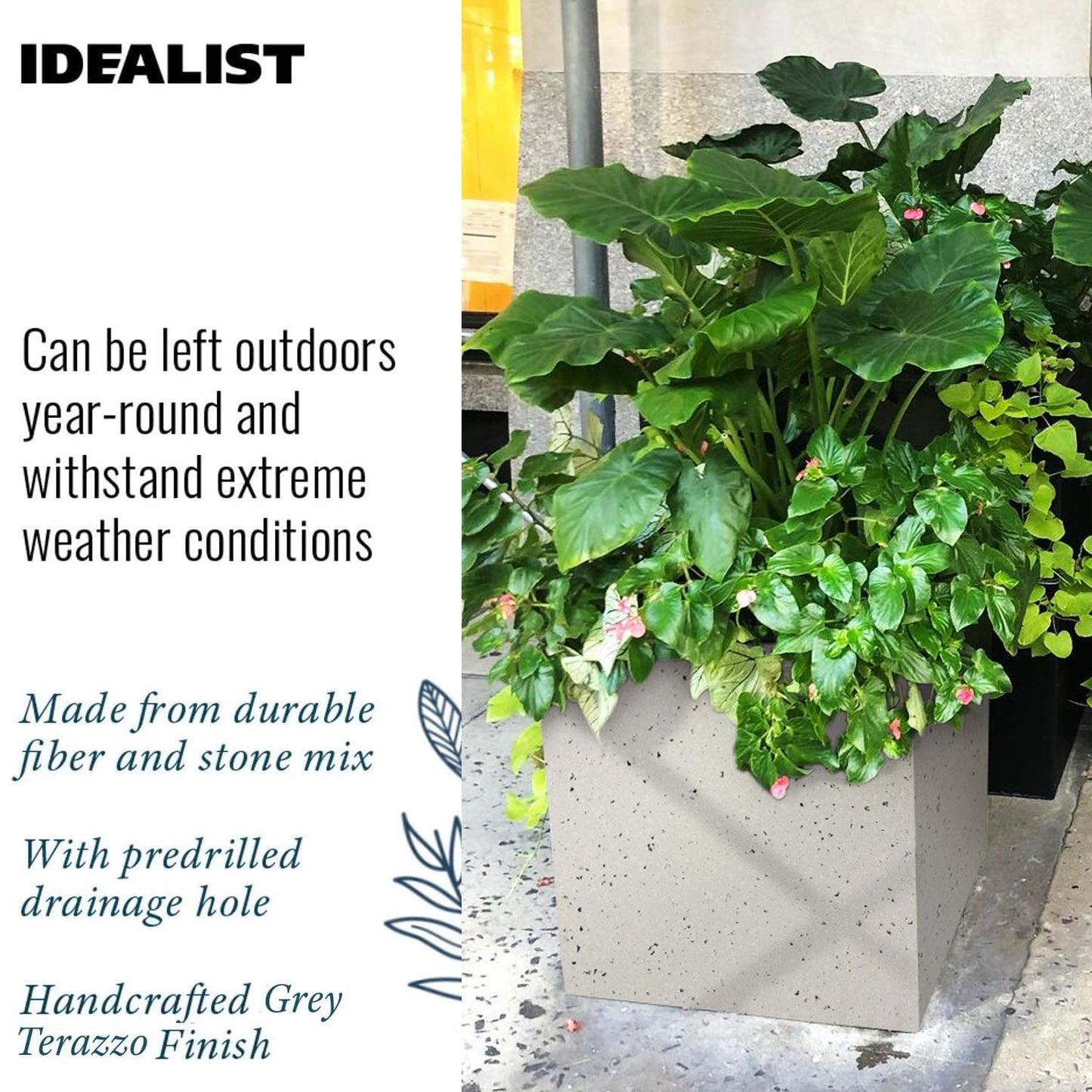 IDEALIST Lite Contemporary Flower Box Square Garden Planter, Light Concrete Outdoor Large Plant Pot H40 L40 W40 cm, 65L
