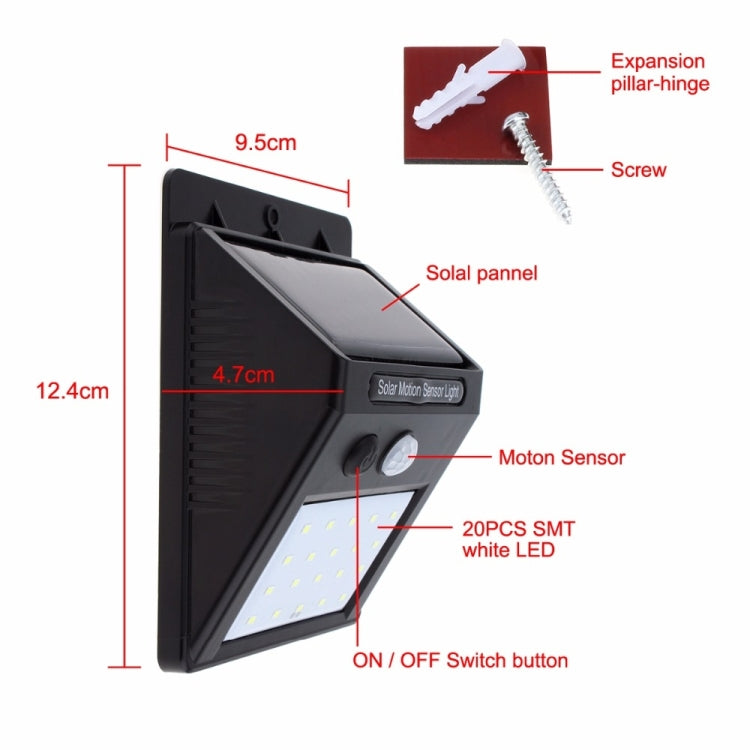White Light Outdoor Solar Motion Sensor Light, 20 LED for Yard / Garden / Home / Driveway / Stairs / Outside Wall(Black)