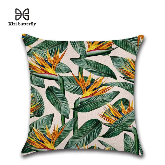 Tropical Plants Palm Leaf Green Leaves Monstera Cushion Covers Hibiscus Flower Cushion Cover Decorative Beige Linen Pillow Case