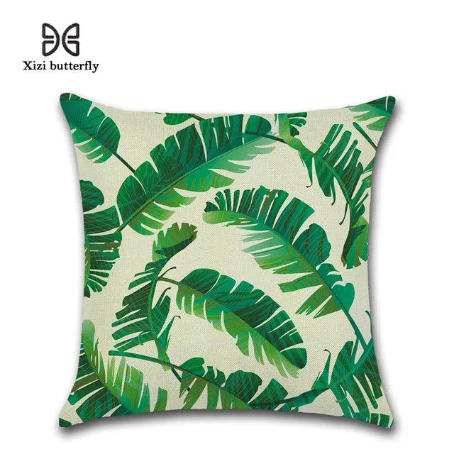 Tropical Plants Palm Leaf Green Leaves Monstera Cushion Covers Hibiscus Flower Cushion Cover Decorative Beige Linen Pillow Case