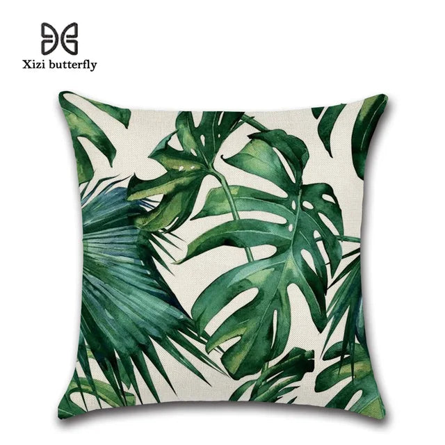 Tropical Plants Palm Leaf Green Leaves Monstera Cushion Covers Hibiscus Flower Cushion Cover Decorative Beige Linen Pillow Case