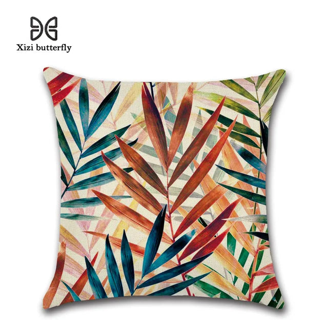 Tropical Plants Palm Leaf Green Leaves Monstera Cushion Covers Hibiscus Flower Cushion Cover Decorative Beige Linen Pillow Case