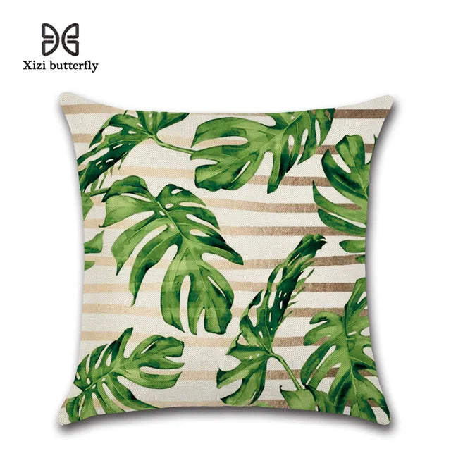 Tropical Plants Palm Leaf Green Leaves Monstera Cushion Covers Hibiscus Flower Cushion Cover Decorative Beige Linen Pillow Case