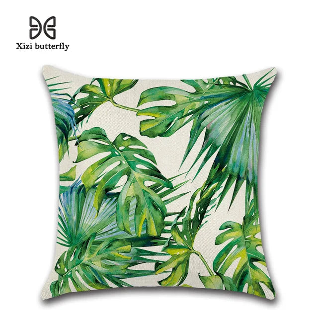 Tropical Plants Palm Leaf Green Leaves Monstera Cushion Covers Hibiscus Flower Cushion Cover Decorative Beige Linen Pillow Case